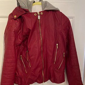 Red leather jacket with removable hood